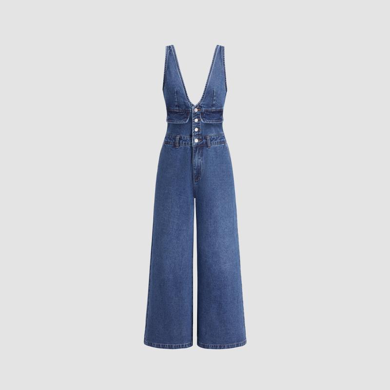 Effortless Chic Denim Jumpsuit | Wide Leg Silhouette · Deep V-Neck · Pocket Detail