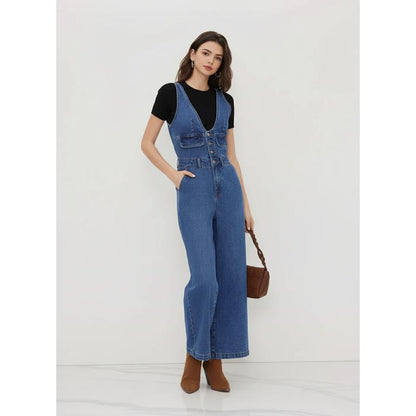 Effortless Chic Denim Jumpsuit | Wide Leg Silhouette · Deep V-Neck · Pocket Detail