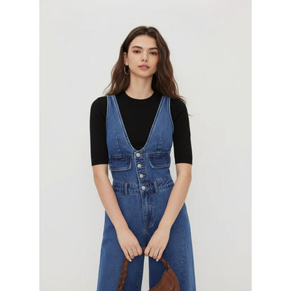 Effortless Chic Denim Jumpsuit | Wide Leg Silhouette · Deep V-Neck · Pocket Detail