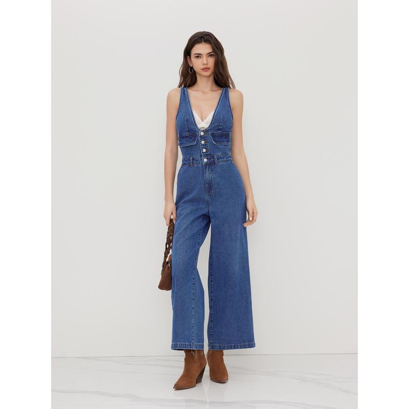 Effortless Chic Denim Jumpsuit | Wide Leg Silhouette · Deep V-Neck · Pocket Detail