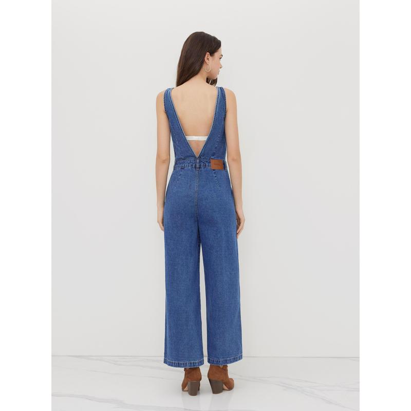 Effortless Chic Denim Jumpsuit | Wide Leg Silhouette · Deep V-Neck · Pocket Detail