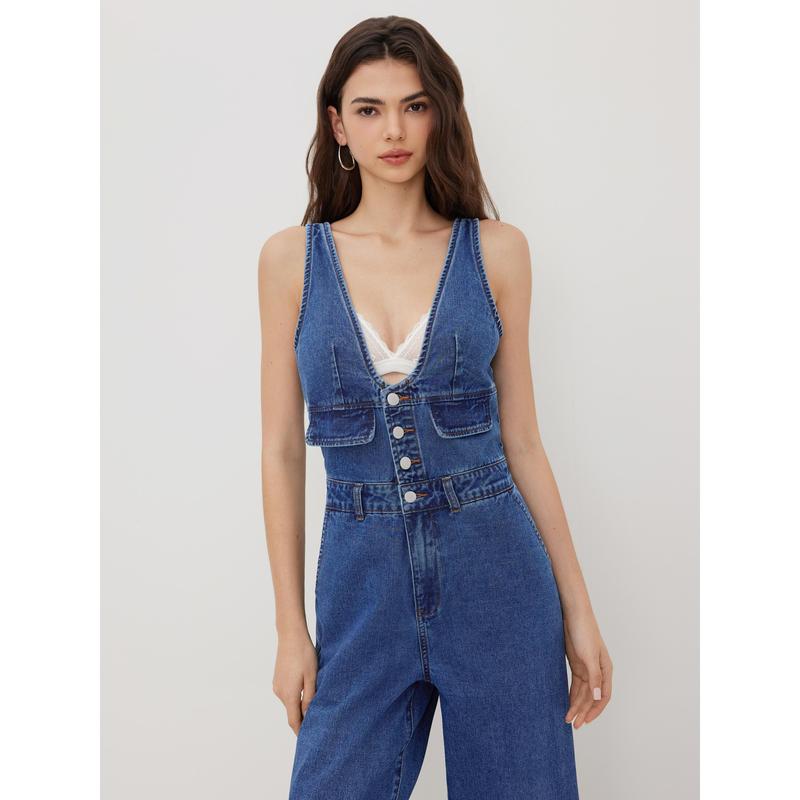 Effortless Chic Denim Jumpsuit | Wide Leg Silhouette · Deep V-Neck · Pocket Detail