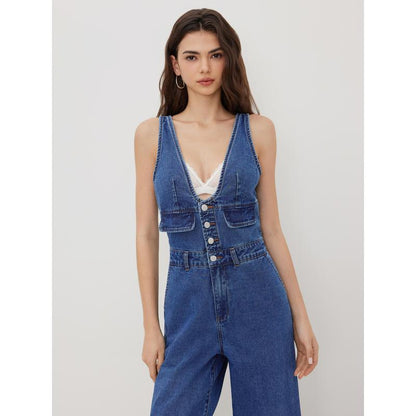 Effortless Chic Denim Jumpsuit | Wide Leg Silhouette · Deep V-Neck · Pocket Detail