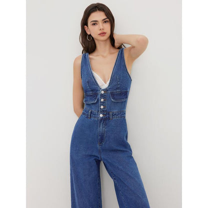 Effortless Chic Denim Jumpsuit | Wide Leg Silhouette · Deep V-Neck · Pocket Detail