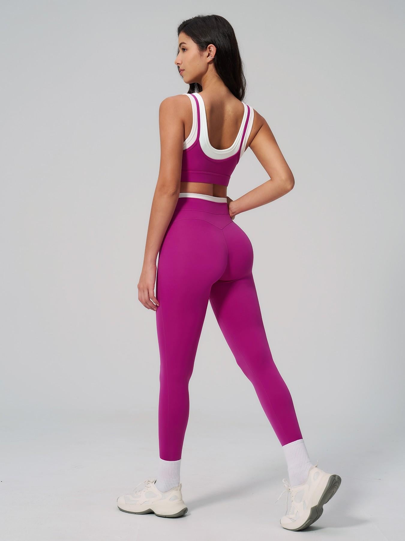 Luxury Two-Piece Colorblock Yoga Set | Premium High-Waisted Ribbed Sculpting Sportswear | Designer-Inspired Gym & Fitness Wear | High-Stretch Performance Collection